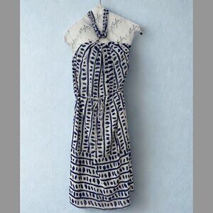 Escada Blue and White Halter Dress with Silver Ring